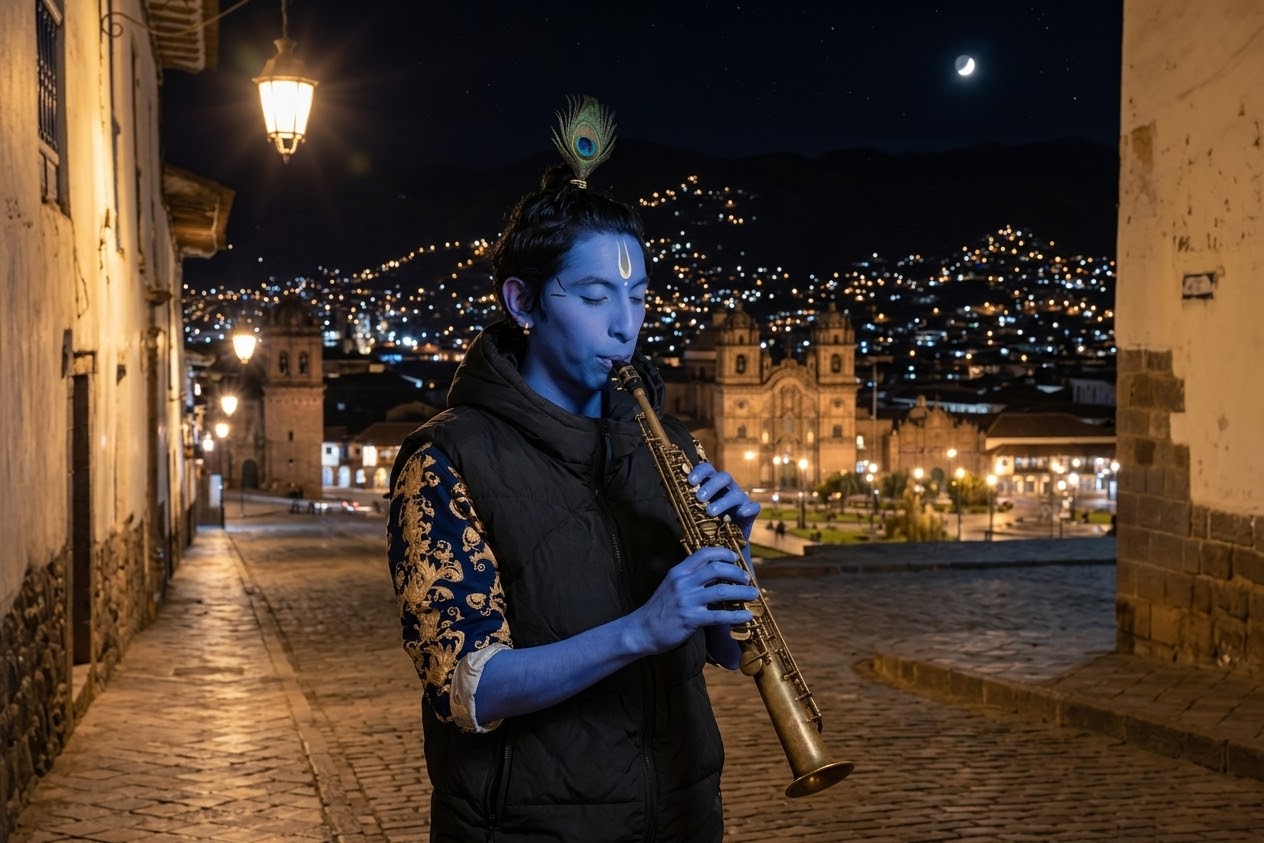 un músico de piel azul con una pluma de pavo real en el cabello toca el saxo soprano en un