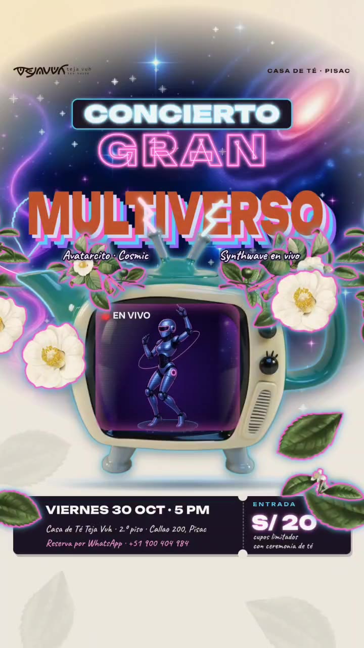 The night's poster: a teapot-TV; on the screen, «En vivo», the robot girl Electra dances, with camellias and a galaxy ar