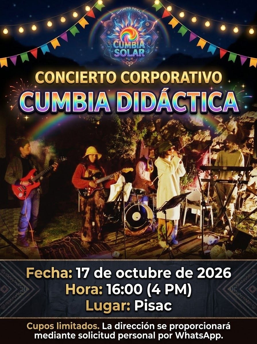 afiche «CONCIERTO CORPORATIVO · CUMBIA DIDÁCTICA»: la banda en el escenario de noche, arri