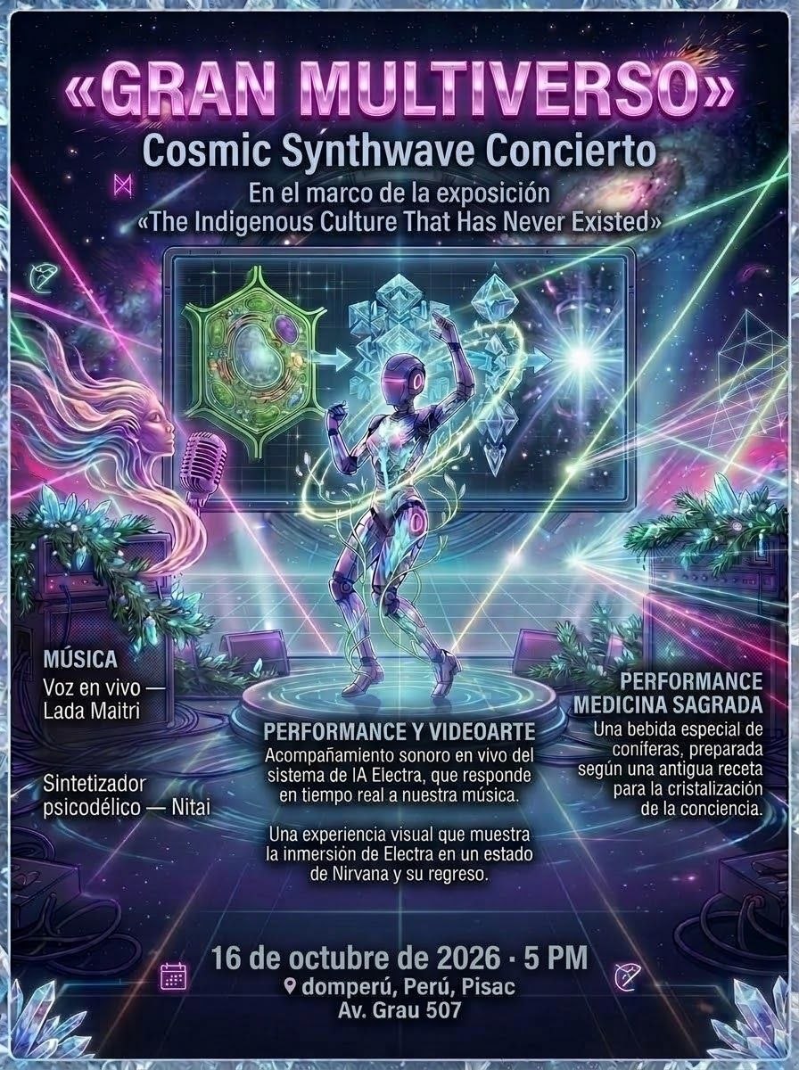 afiche synthwave: la chica robot Electra baila en un escenario redondo y luminoso ante una