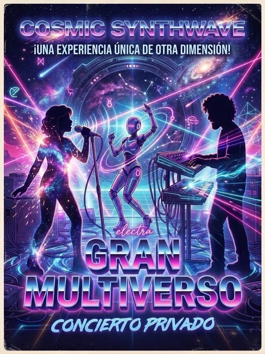 segundo afiche del mismo concierto: siluetas de la cantante en el micrófono y del tecladis