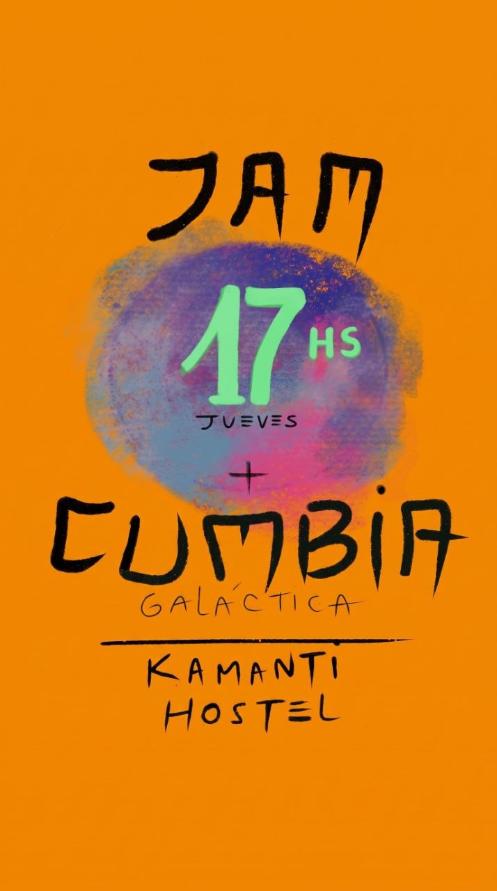afiche dibujado sobre fondo naranja: «JAM» a mano, en un círculo violeta de estrellas «17 