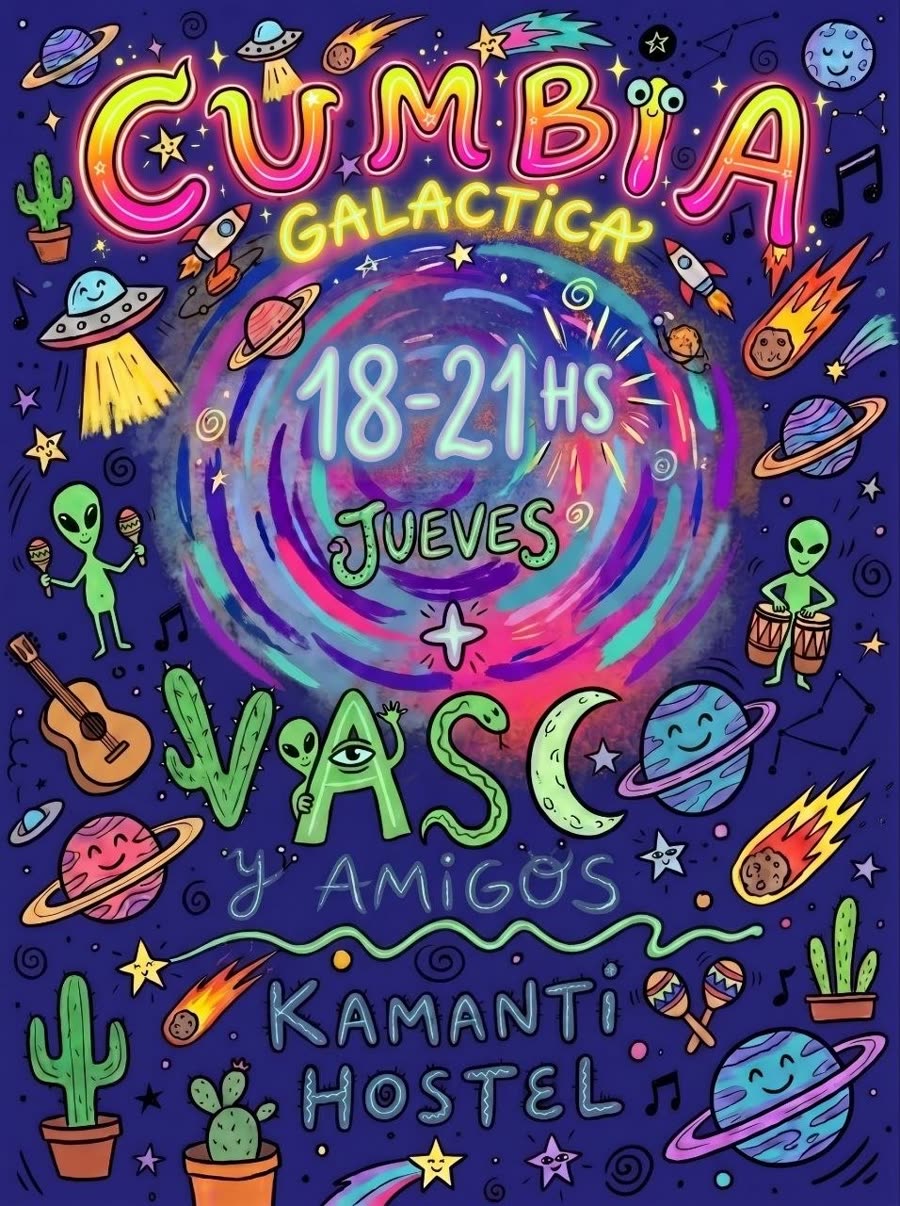 afiche dibujado sobre fondo naranja: a mano «CUMBIA GALACTICA», en una mancha de color «21