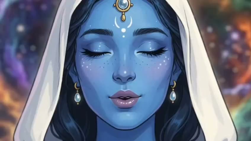 una mujer azul con un manto blanco, los ojos cerrados, cantando