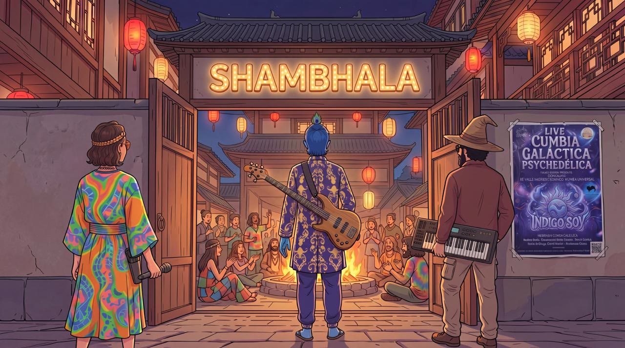 drawing: the Shambhala gate with its sign lit, three people at the entrance with a bass, a