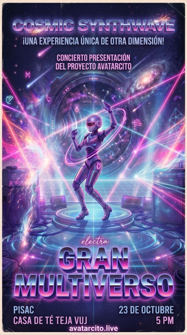 afiche synthwave: la chica robot Electra baila en un escenario redondo luminoso entre rayo