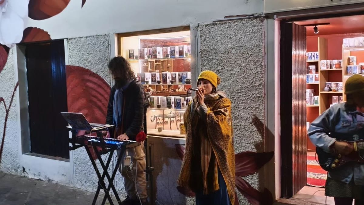 la noche en la puerta de la casa de té: canta una mujer con gorro amarillo y poncho, a la 