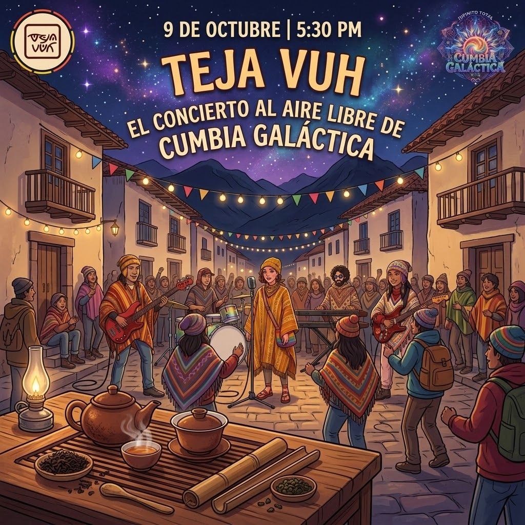 afiche dibujado de la noche: una calle de Pisac de noche, la banda toca bajo guirnaldas y 