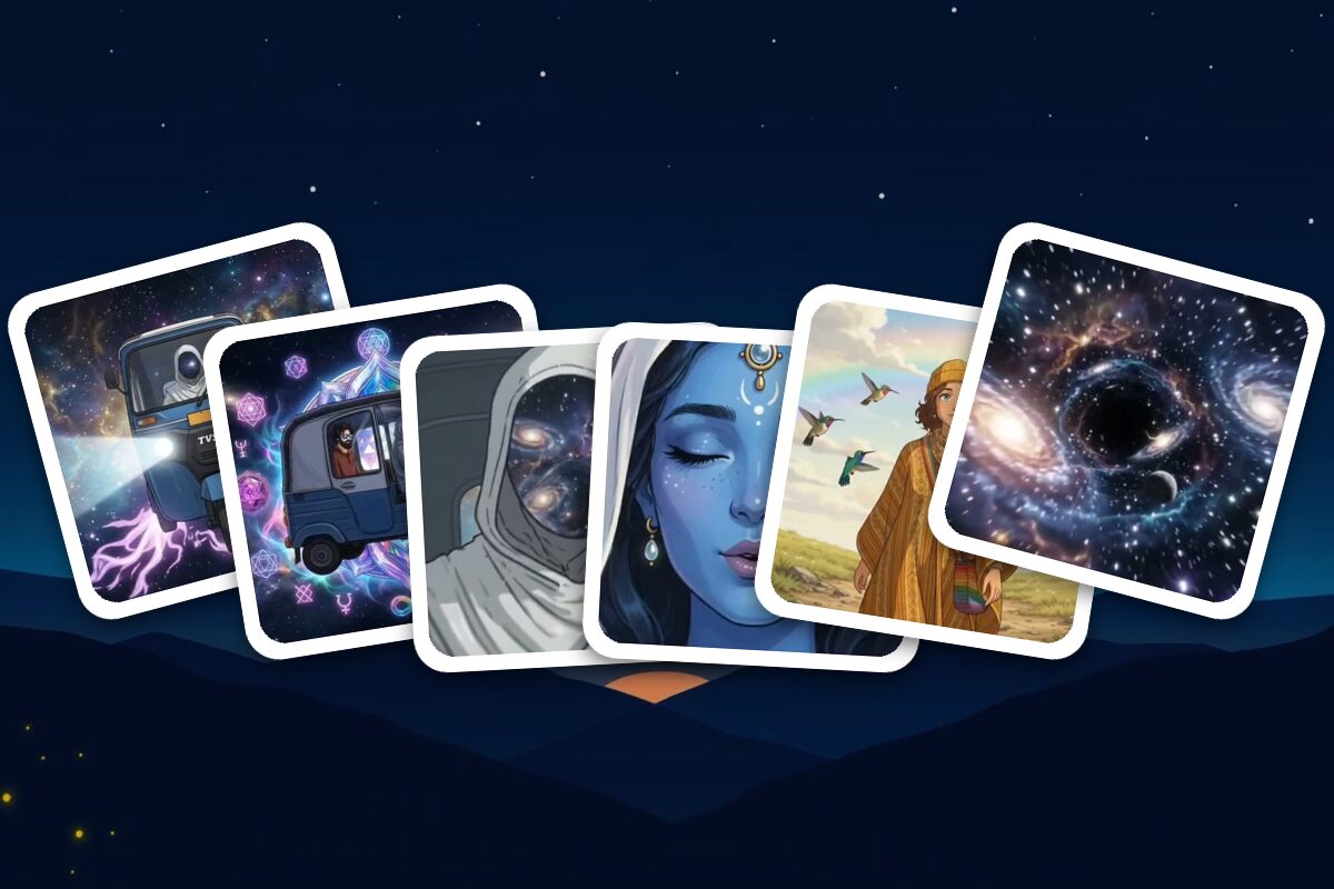 Seis cuadros de nuestros videoclips: el mototaxi en el cosmos, un mandala, la capucha blan